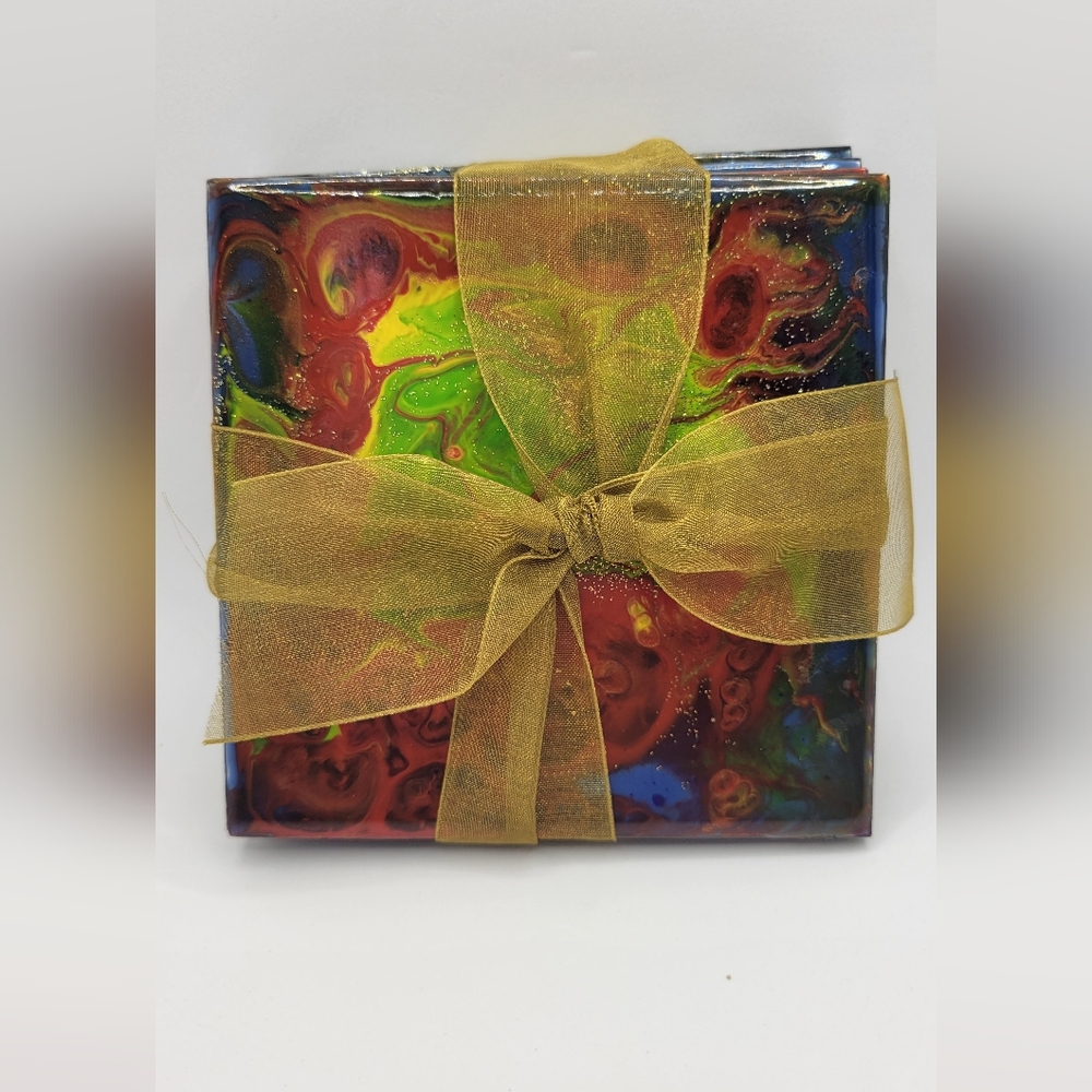 NWOT Orange Gold Teal Red Abstract  Ceramic Coasters Set of 4